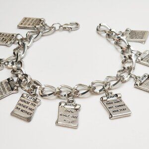 Vintage Chunky 10 Commandments Silver Tone Bracelet Christian Religious 8"